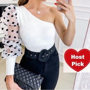 One Shoulder Black & White Blouse with Black Polka Dots